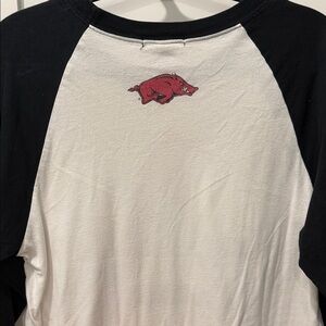 Women's Black and White Long Sleeve Tee with Red Logo